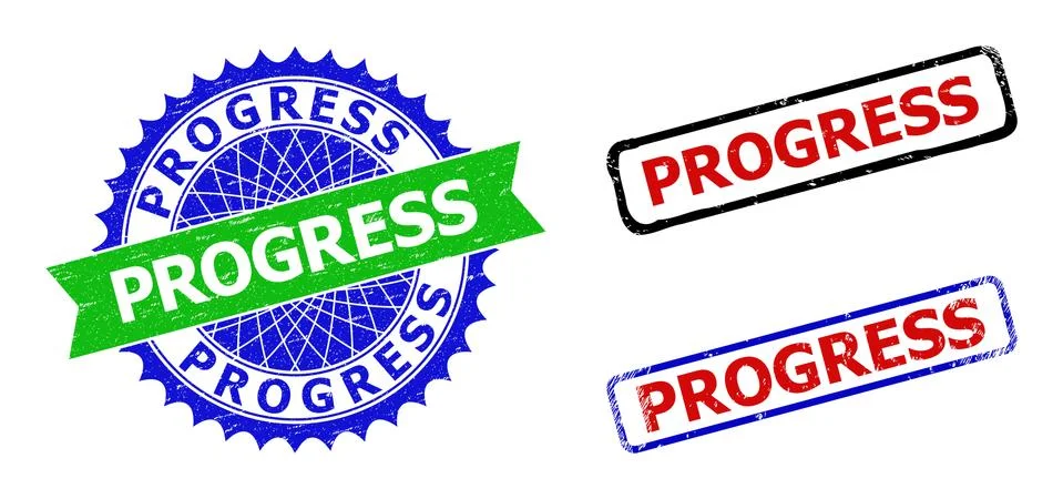 PROGRESS Rosette and Rectangle Bicolor Watermarks with Scratched Surfaces Stock Illustration