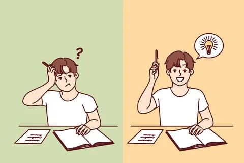 Progress schoolboy diligently doing assignments, sitting at school desk and Stock Illustration