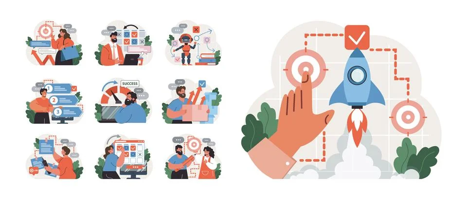 Progress set. Work optimization and efficiency. Character moving 스톡 일러스트