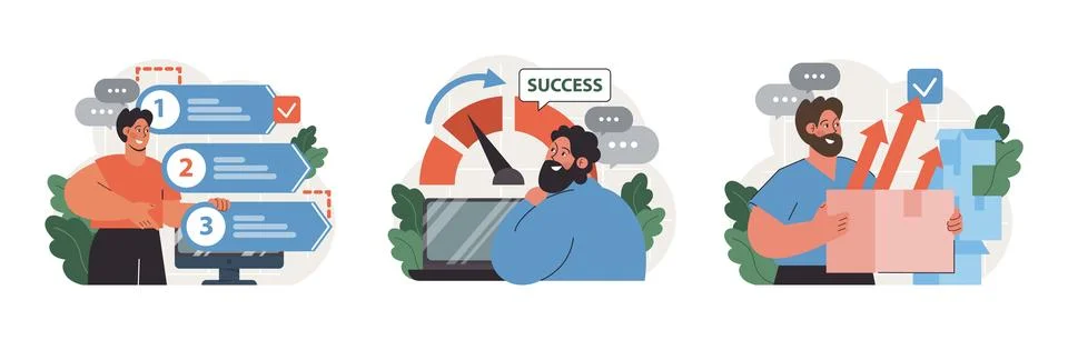 Progress set. Work optimization and efficiency. Character moving Illustrazione stock