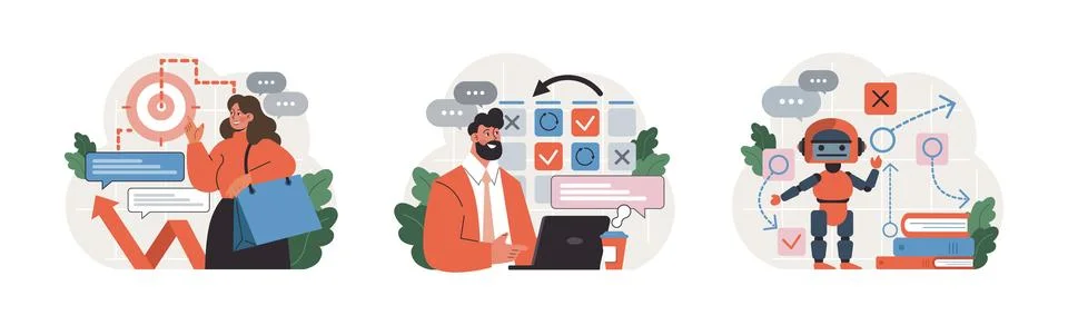 Progress set. Work optimization and efficiency. Character moving 스톡 일러스트