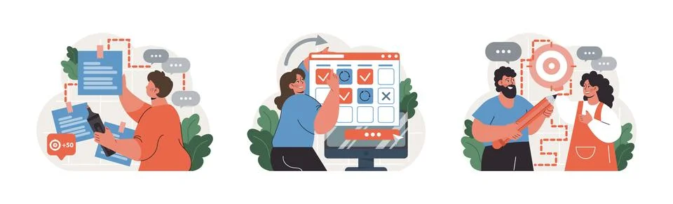 Progress set. Work optimization and efficiency. Character moving Stock Illustration