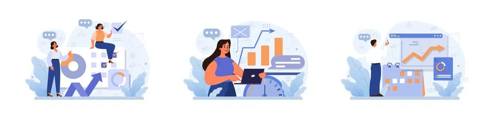 Progress set. Work optimization and efficiency. Character moving Stock Illustration