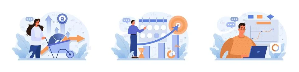 Progress set. Work optimization and efficiency. Character moving Illustrazione stock