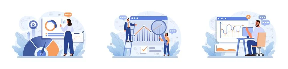 Progress set. Work optimization and efficiency. Character moving Illustrazione stock