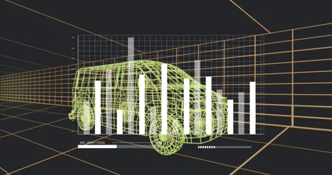 Progress slider moving, bar chart updating around wireframe van in grid tunnel Stock Footage 334311747