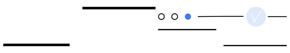 Progress status bar showing three steps indicated by two circles and a blue d Illustrazione stock