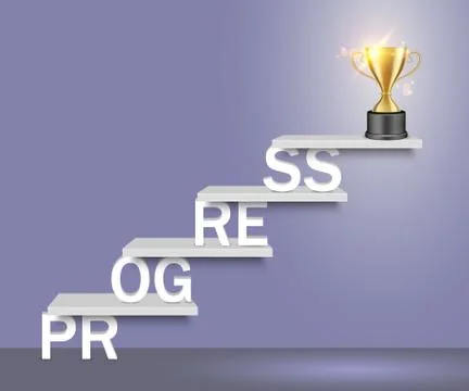 Progress word ladder with trophy cup vector realistic illustration Ilustración de archivo