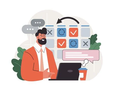 Progress. Work optimization and efficiency. Character moving 스톡 일러스트