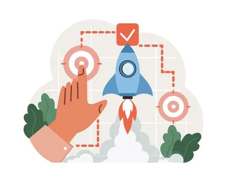 Progress. Work optimization and efficiency. Character moving Illustrazione stock