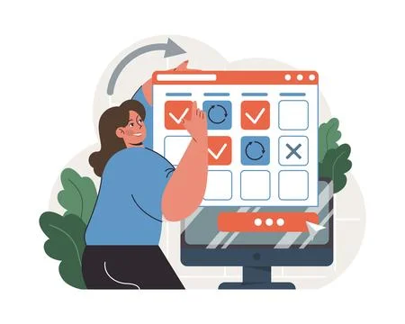 Progress. Work optimization and efficiency. Character moving Illustrazione stock