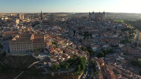 Progressing The City Of Toledo Spain And The Tagus River At Sunset Stock Footage 236421083