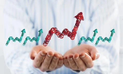 Progressing graph presented in male palms as symbol of success and improvement Stock Photos