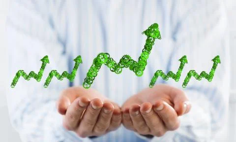 Progressing graph presented in male palms as symbol of success and improvement Stock Photos