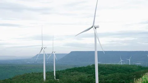 Progressive idea of using wind for electric energy by wind turbine farm. 스톡 사진