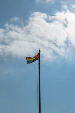 Progressive Pride Flag flying on a pole Foto stock