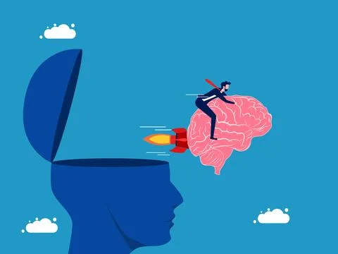 Progressive thinking. Businessman controls brain flying out of head Illustrazione stock