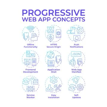 Progressive web app blue gradient concept icons Stock Illustration