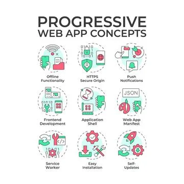Progressive web app multi color concept icons Stock Illustration