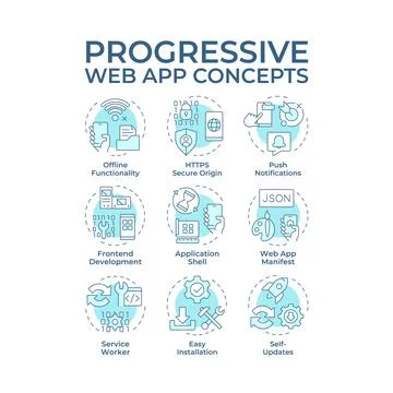 Progressive web app soft blue concept icons Stock Illustration