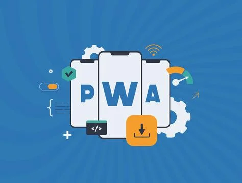 Progressive web apps trends vector illustration. Installable pwa mobile sites Stock Illustration