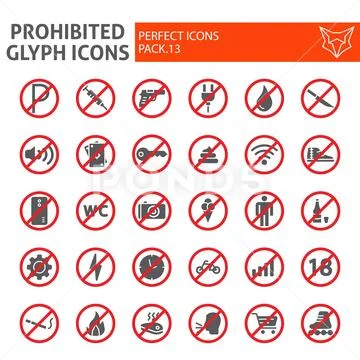 Prohibited glyph icon set, warning symbols collection, vector sketches, logo Stock Illustration
