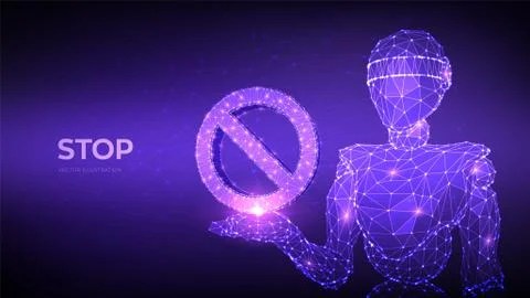 Prohibited icon. Abstract 3d low polygonal robot holding in hand forbidden si Illustrazione stock