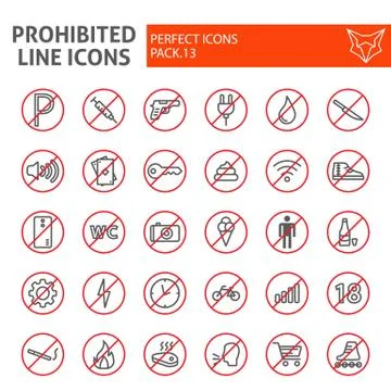 Prohibited line icon set, warning symbols collection, vector sketches, logo Stock Illustration