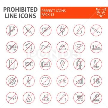 Prohibited thin line icon set, warning symbols collection, vector sketches, logo Stock Illustration
