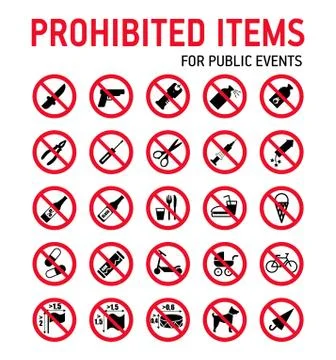 Prohibition signs collection security control in stadium during mass events. Stock Illustration
