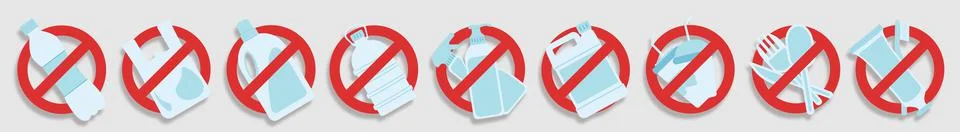 Prohibition of single-use plastic. Disposable plastic. No symbol. Icon set. Stock Illustration