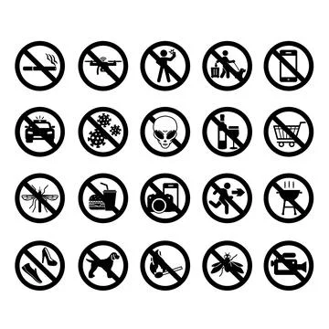 Prohibitory Public Signs. Vector Icons. Sticker Set. No Selfies, Smoking, D.. Illustrazione stock