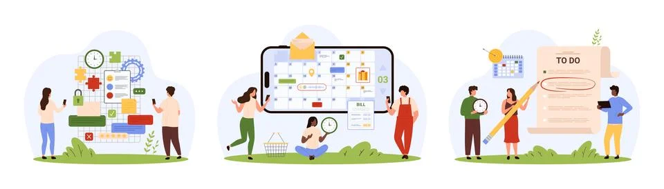 Project and task planning process set, tiny people plan daily schedule, work 스톡 일러스트