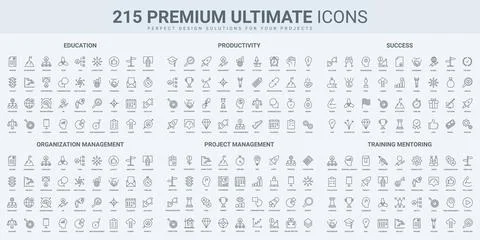 Project and time management, training and productivity thin black line icons set Illustration