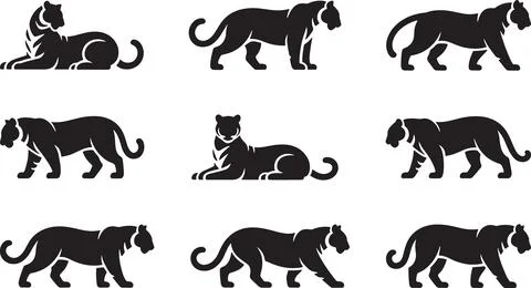 Project based exploration of diverse tiger silhouettes isolated on transpar.. Illustrazione stock