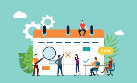 Project calendar schedule with office team working together and discuss - vec Stock Illustration