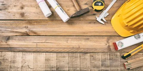 Project construction site. Hand tools, blueprints and engineering equipment o Foto stock