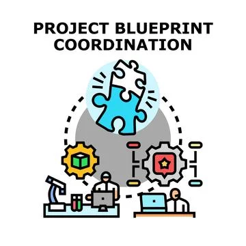 Project coordination managing blueprint development and teamwork Illustrazione stock