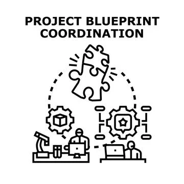 Project coordination managing blueprint development and teamwork Stock Illustration