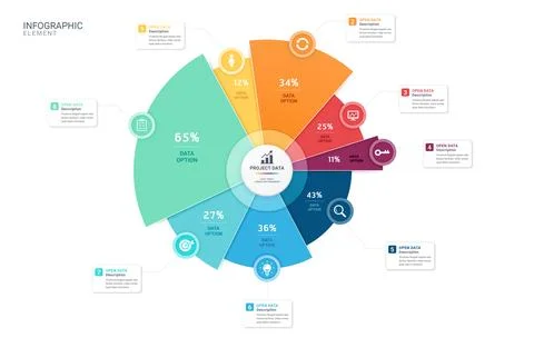 Project Data Radial Infographic with Eight Percentage Segments and Business.. Stock Illustration
