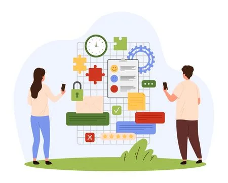 Project development, brainstorming process of tiny people organize data on on 스톡 일러스트