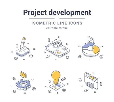 Project development business analyzing line icon set isometric contoured ve.. Stock Illustration