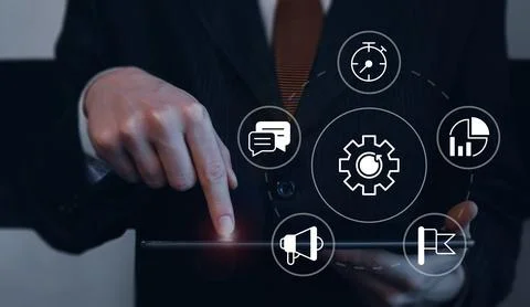 Project development closeup concept image with white glyph icons Stock Photos