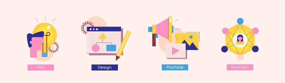 Project development implementation steps illustration. Creation of project plan Stock Illustration