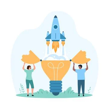 Project development, new creative idea implementation, tiny people launch rocket 스톡 일러스트