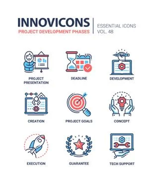 Project Development Phases - modern vector line icons set Stock Illustration