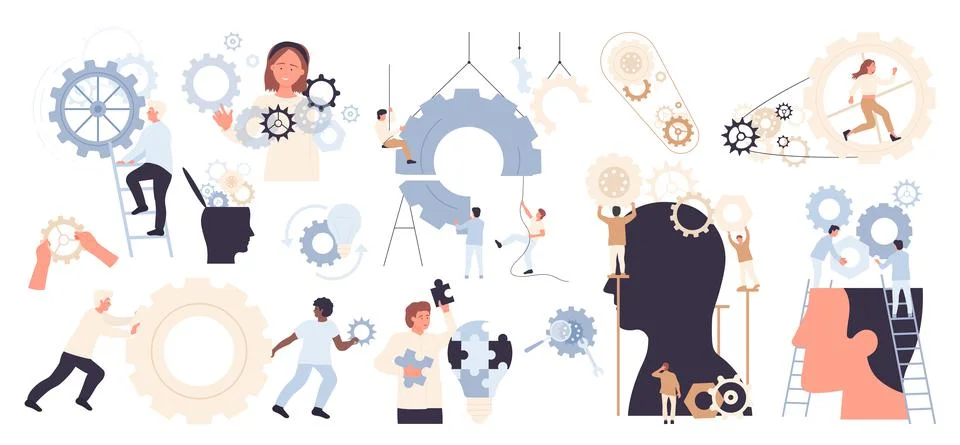 Project development process and success business strategy, tiny people work with Illustrazione stock