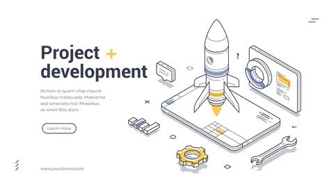 Project development startup management analyzing line isometric web banner de Stock Illustration