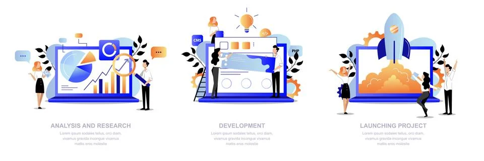 Project development steps. Team make research, analysis, web design and launc Stock Illustration