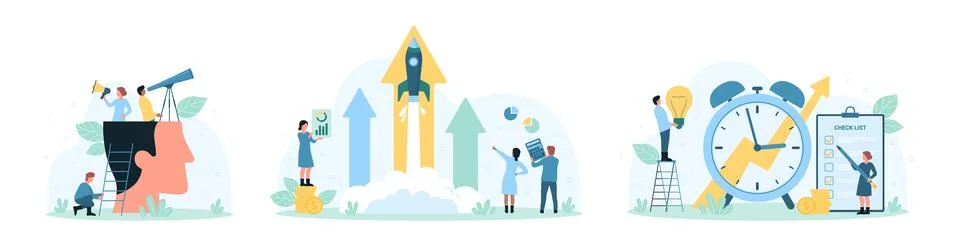 Project development, time management set, tiny people launch rocket along with Stock Illustration